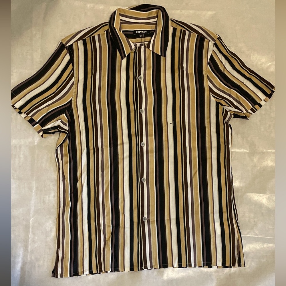 Express Men's Striped Shirt - Black, Brown, and Cream Medium